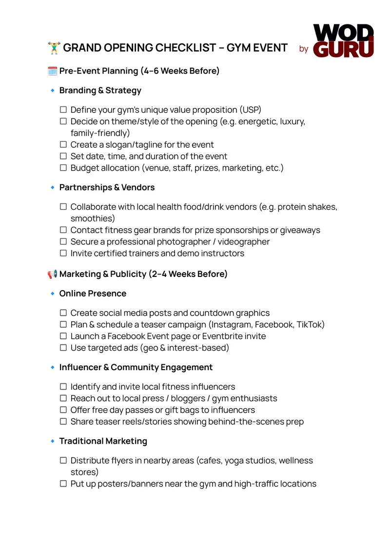 Grand Opening Checklist for Gym Event
