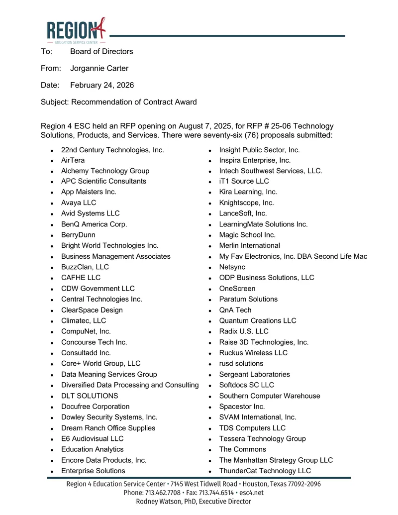 Recommendation of Contract Award for Technology Solutions
