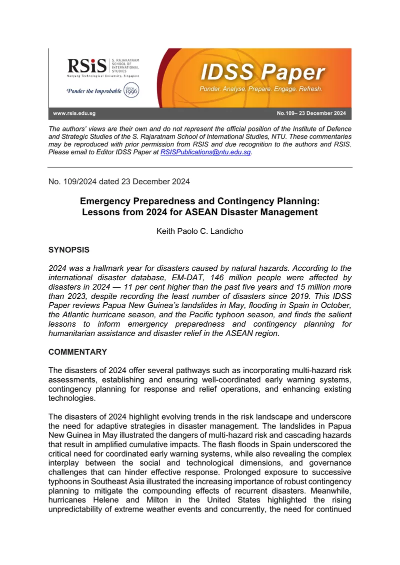 Emergency Preparedness and Contingency Planning for ASEAN