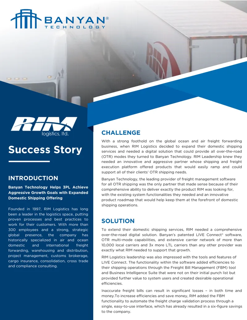 Banyan Technology Supports RIM Logistics Growth