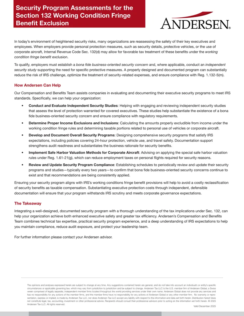 Security Program Assessments for Section 132 Benefits