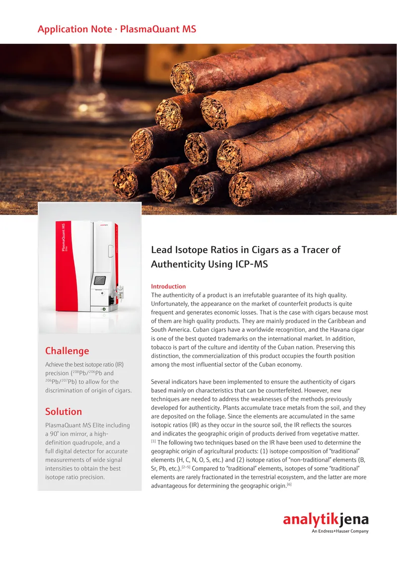 Lead Isotope Ratios in Cigars for Authenticity Assessment