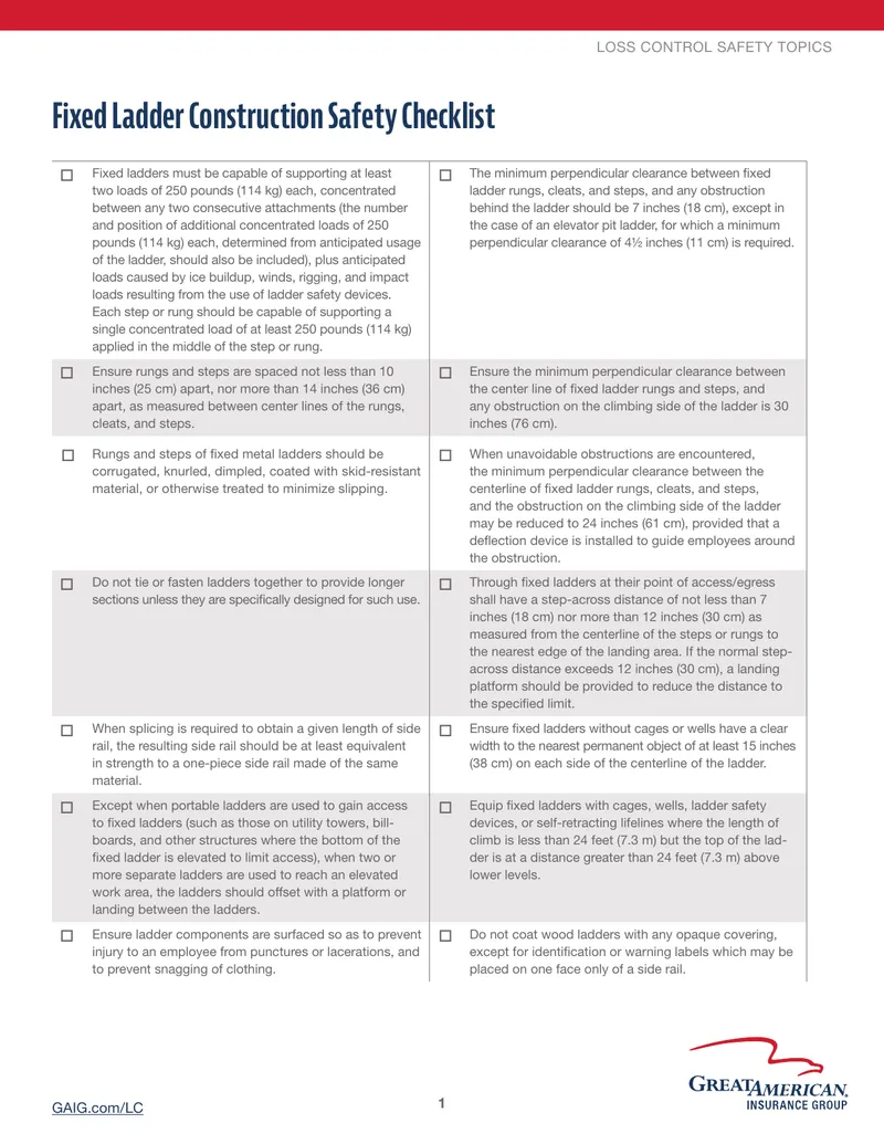 Fixed Ladder Construction Safety Checklist