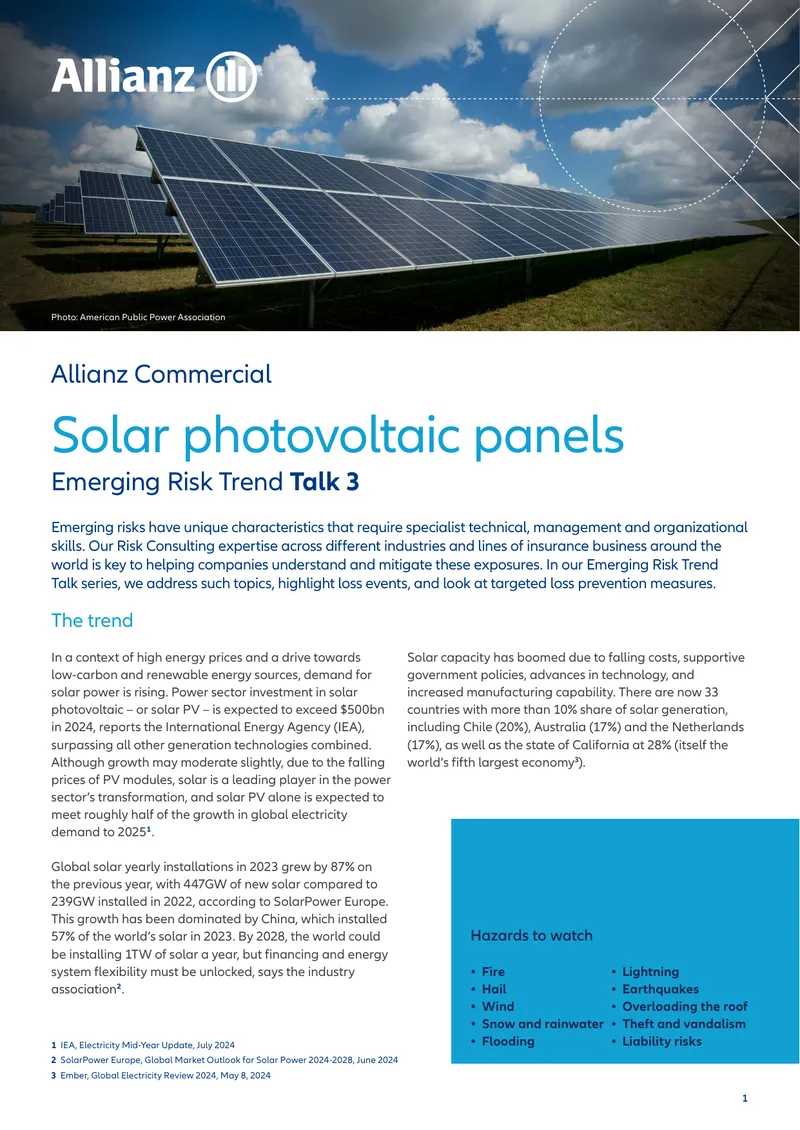 Emerging Risks in Solar Photovoltaic Installations
