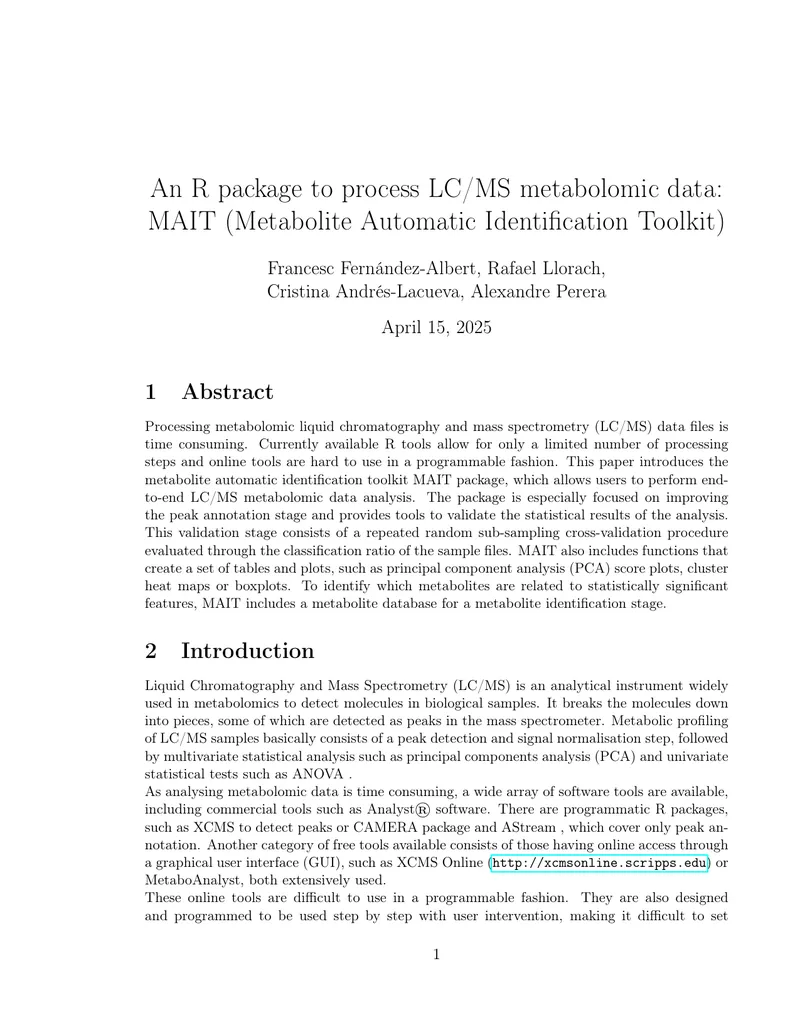Metabolite Automatic Identification Toolkit MAIT Overview