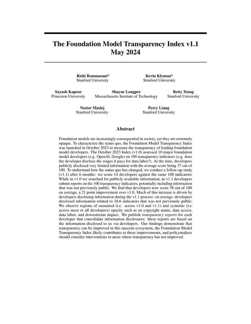 Foundation Model Transparency Index v1.1 Report