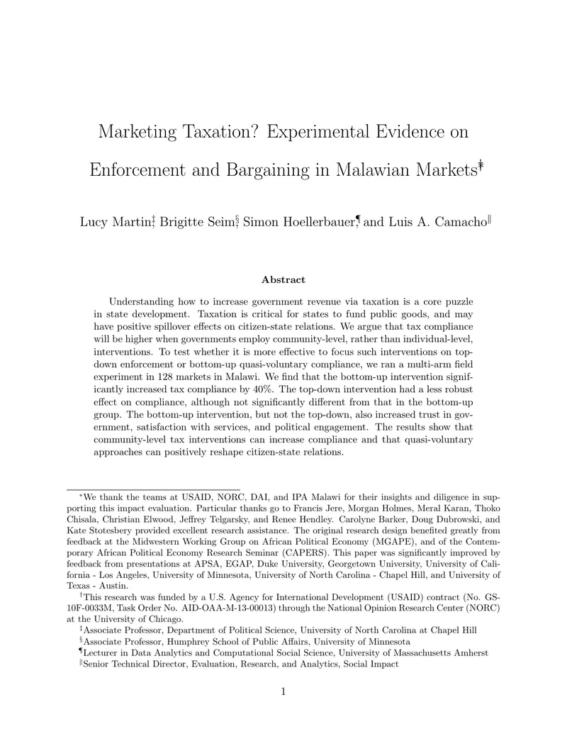 Experimental Evidence on Tax Compliance in Malawi