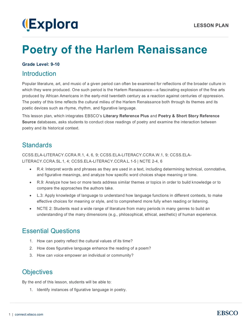 Poetry of the Harlem Renaissance Lesson Plan