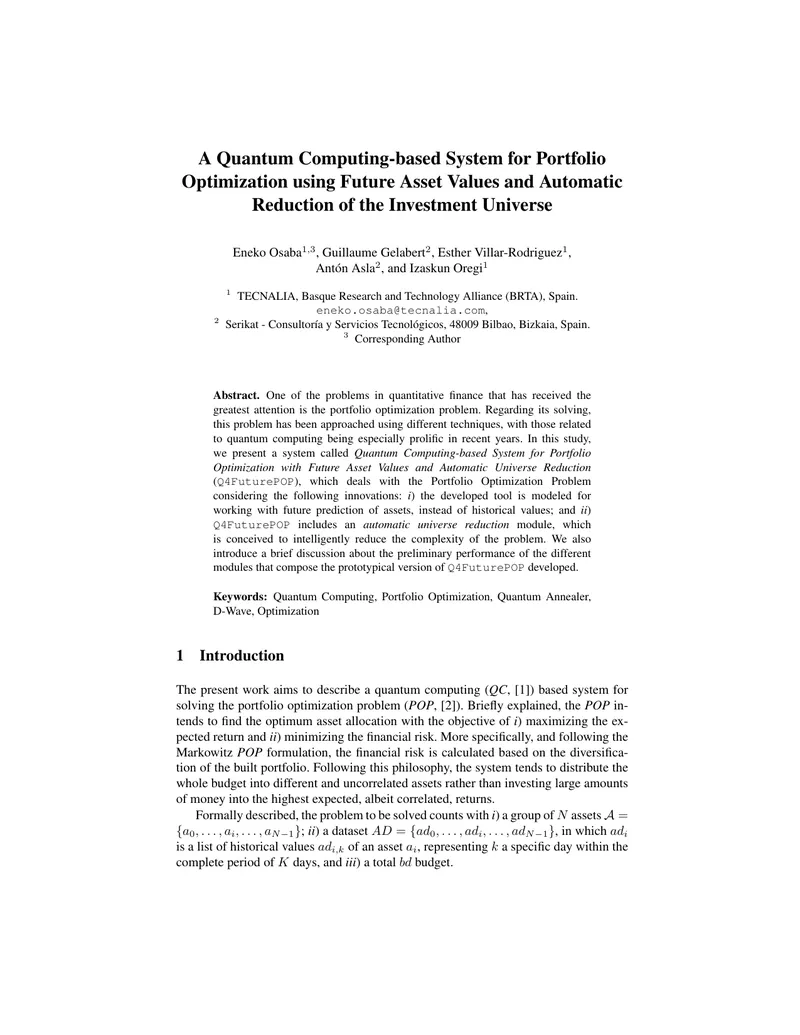 Quantum Computing-based System for Portfolio Optimization