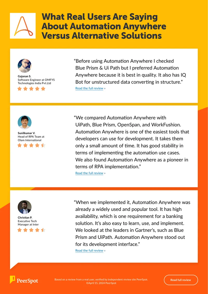 User Reviews of Automation Anywhere Compared to Competitors