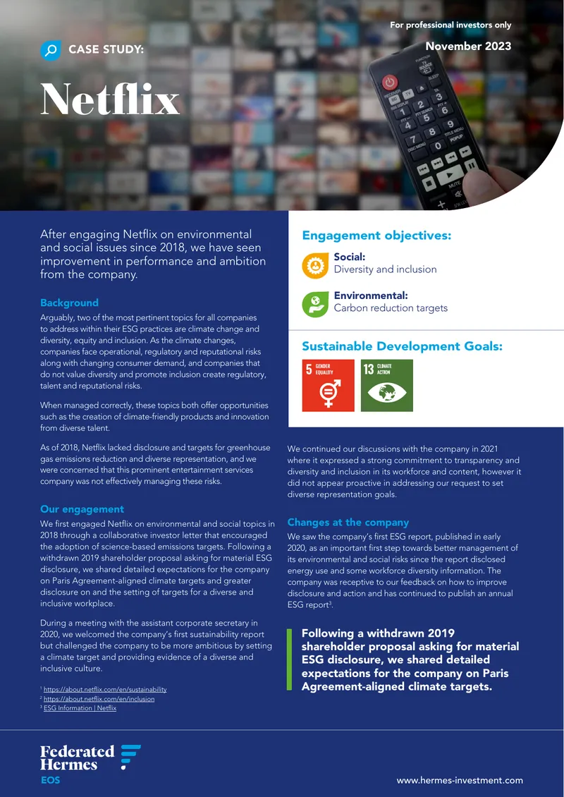 Netflix Engagement Case Study on ESG Practices