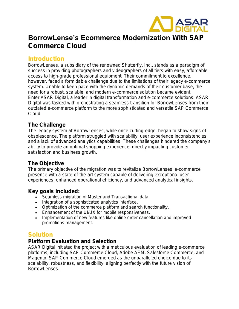 BorrowLense Ecommerce Modernization with SAP Commerce Cloud preview page 1