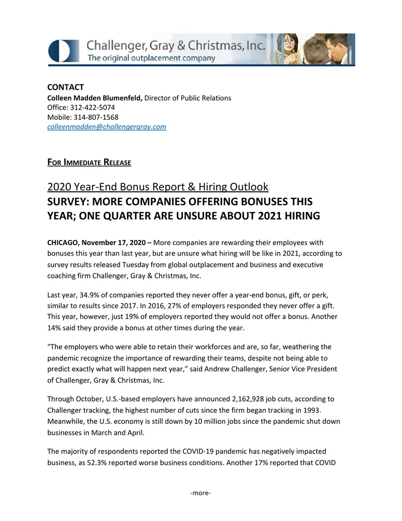 2020 Year-End Bonus Report and Hiring Outlook