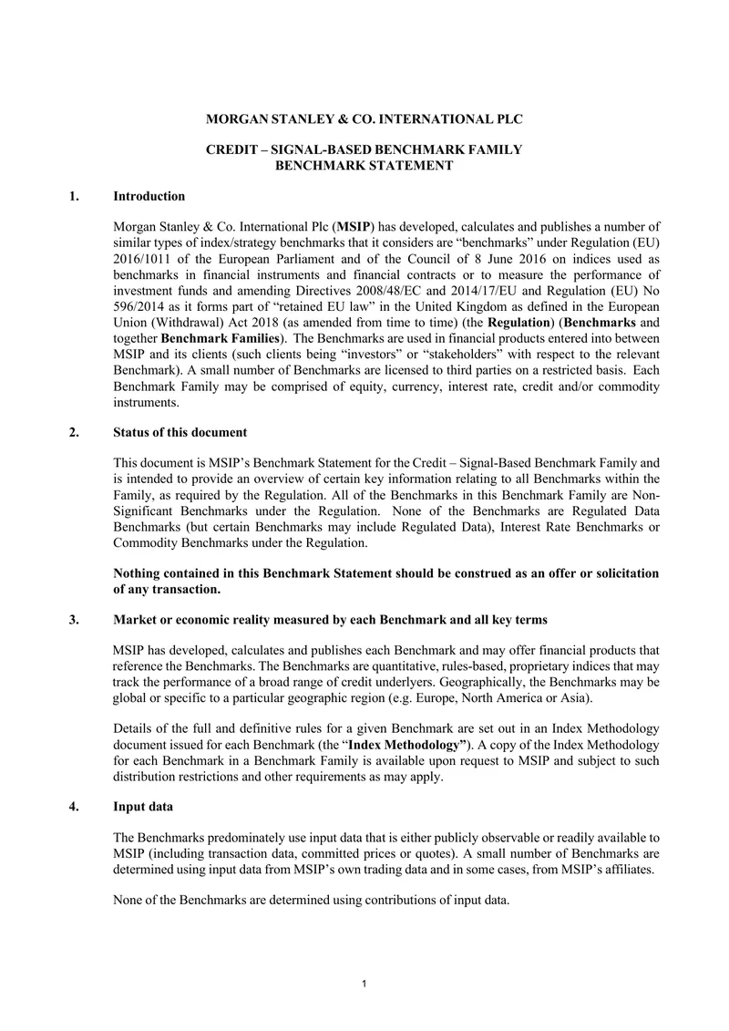 Credit Signal-Based Benchmark Family Statement