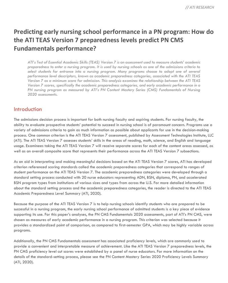 Predicting Nursing School Performance Using ATI TEAS