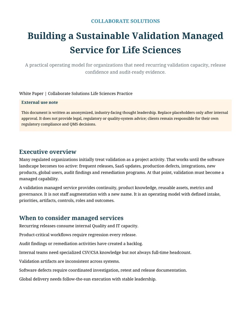Building a Sustainable Validation Managed Service for Life Sciences