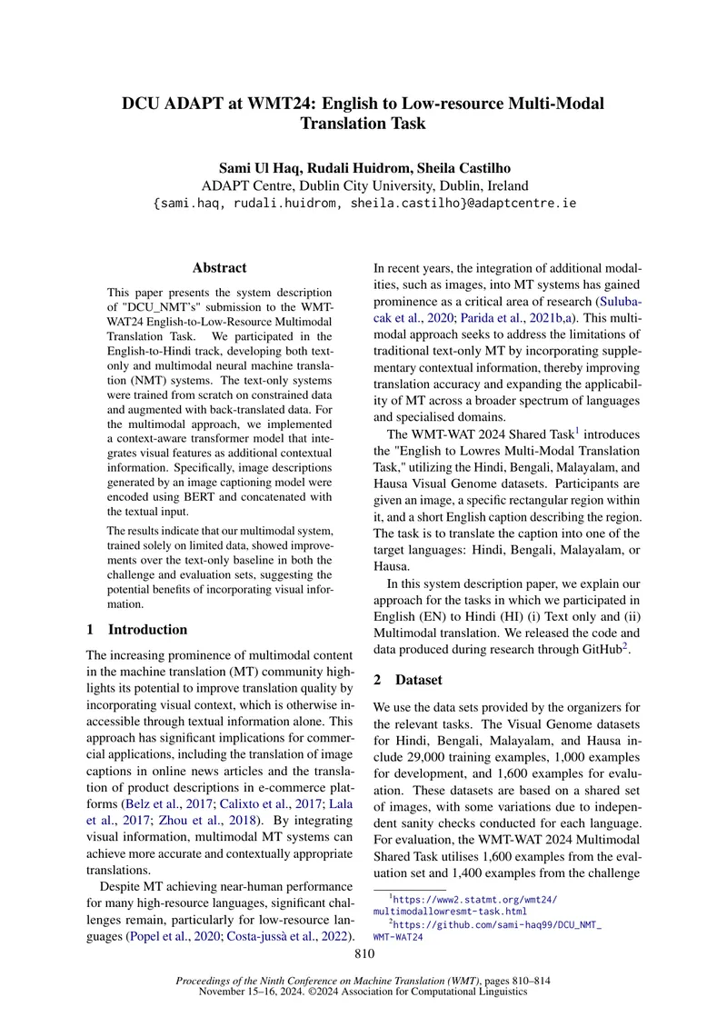 DCU ADAPT Submission for WMT24 Multimodal Translation