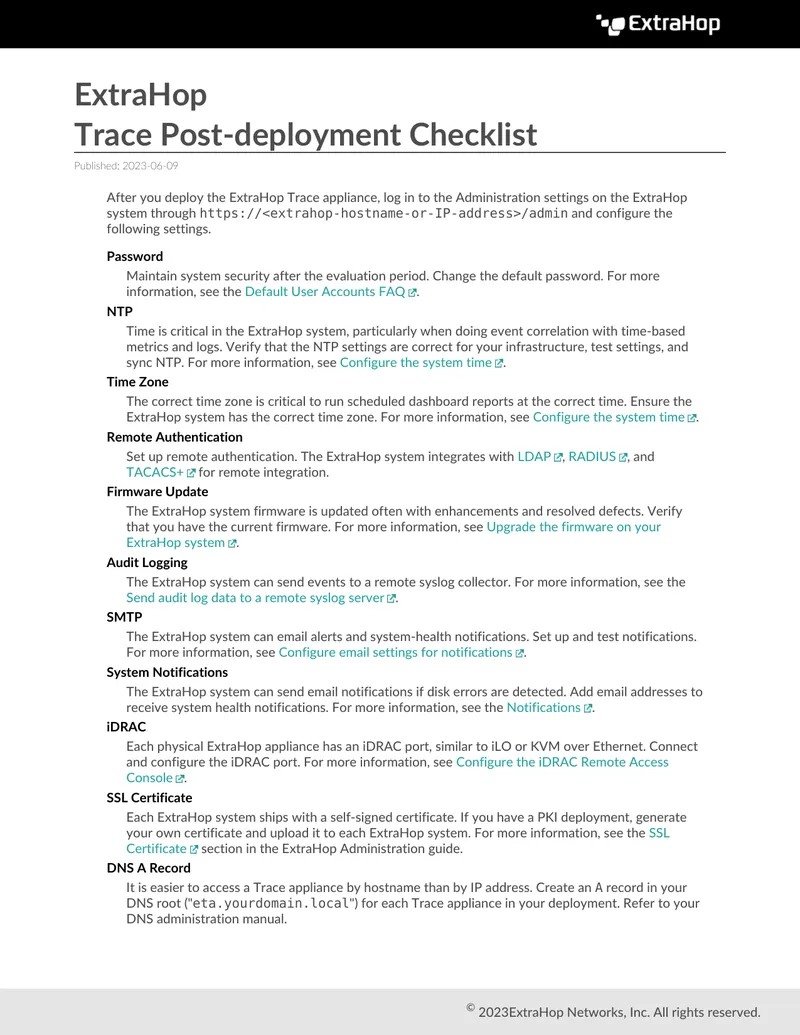 ExtraHop Trace Post-deployment Checklist