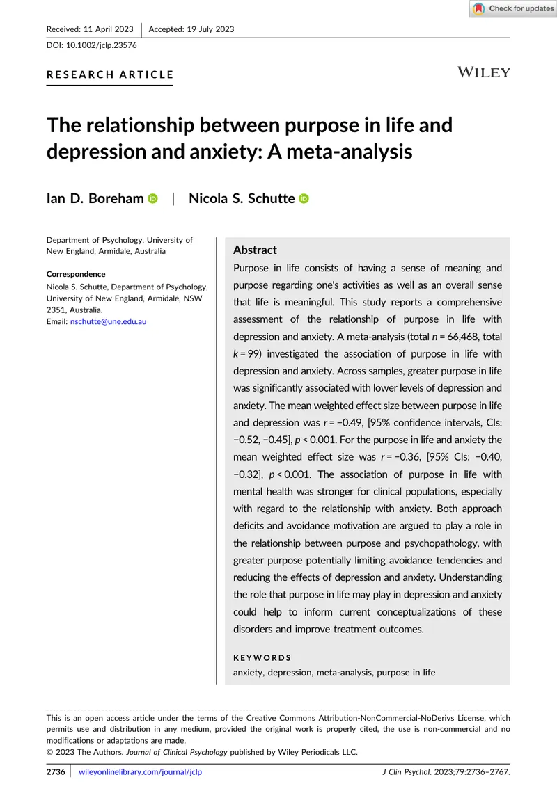 Meta-Analysis of Purpose in Life and Mental Health