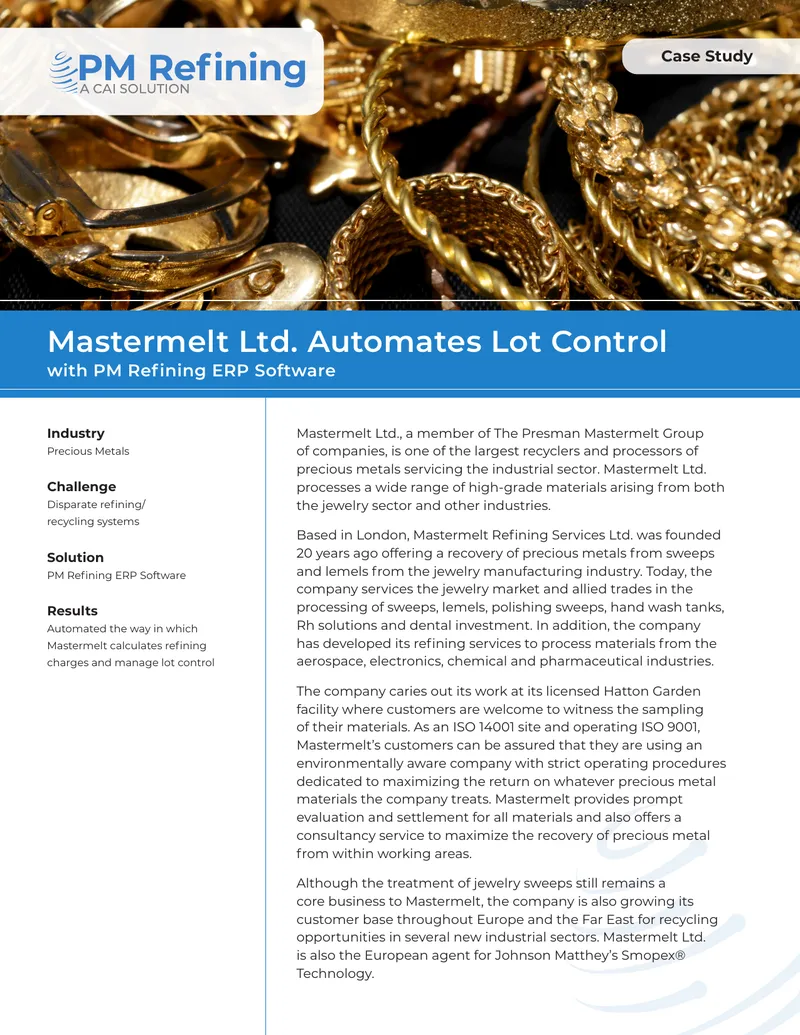 Mastermelt Ltd. Automates Lot Control with PM Refining ERP Software