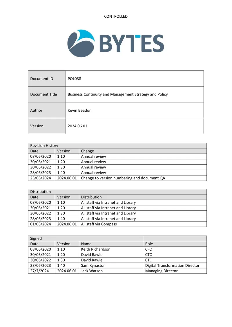 Business Continuity and Management Strategy and Policy