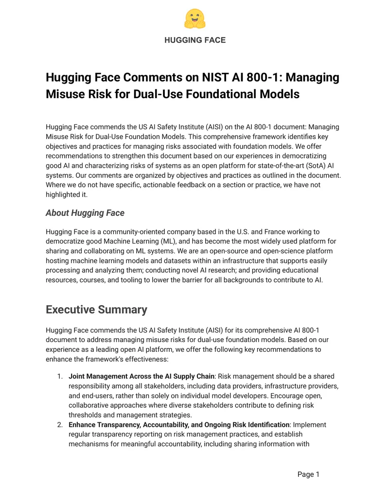 Hugging Face Comments on NIST AI 800-1 Framework