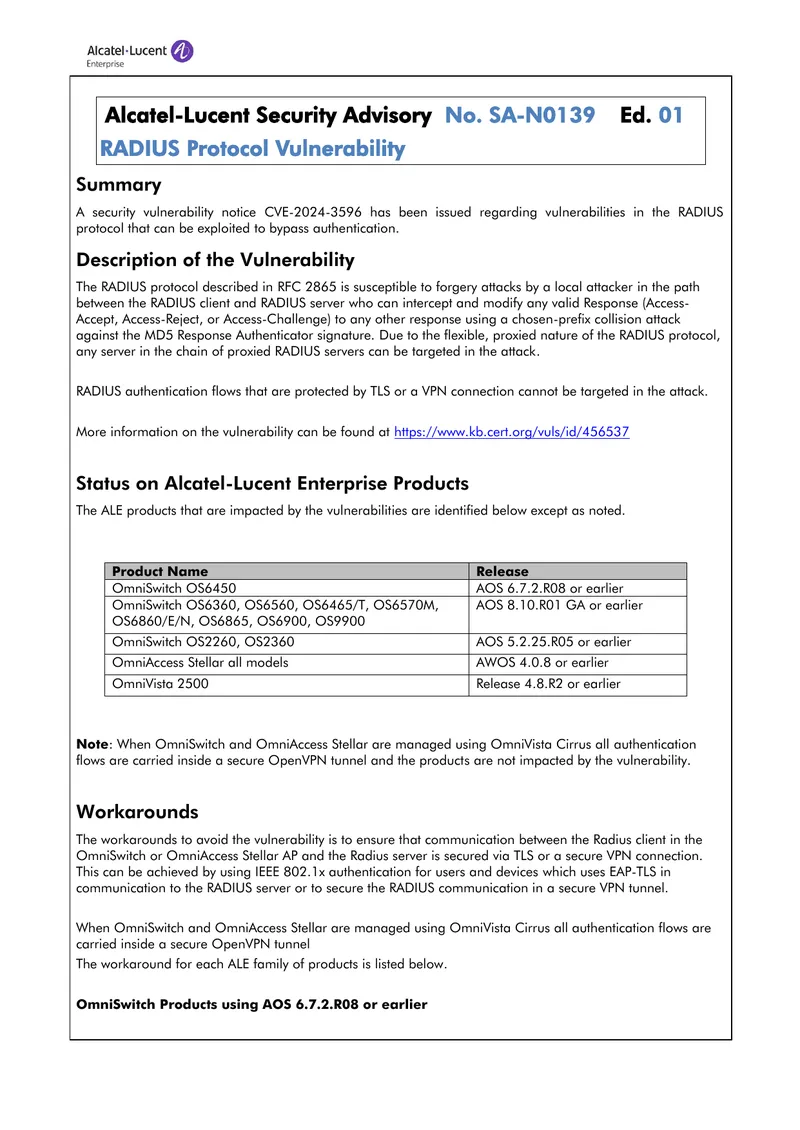 RADIUS Protocol Vulnerability Security Advisory