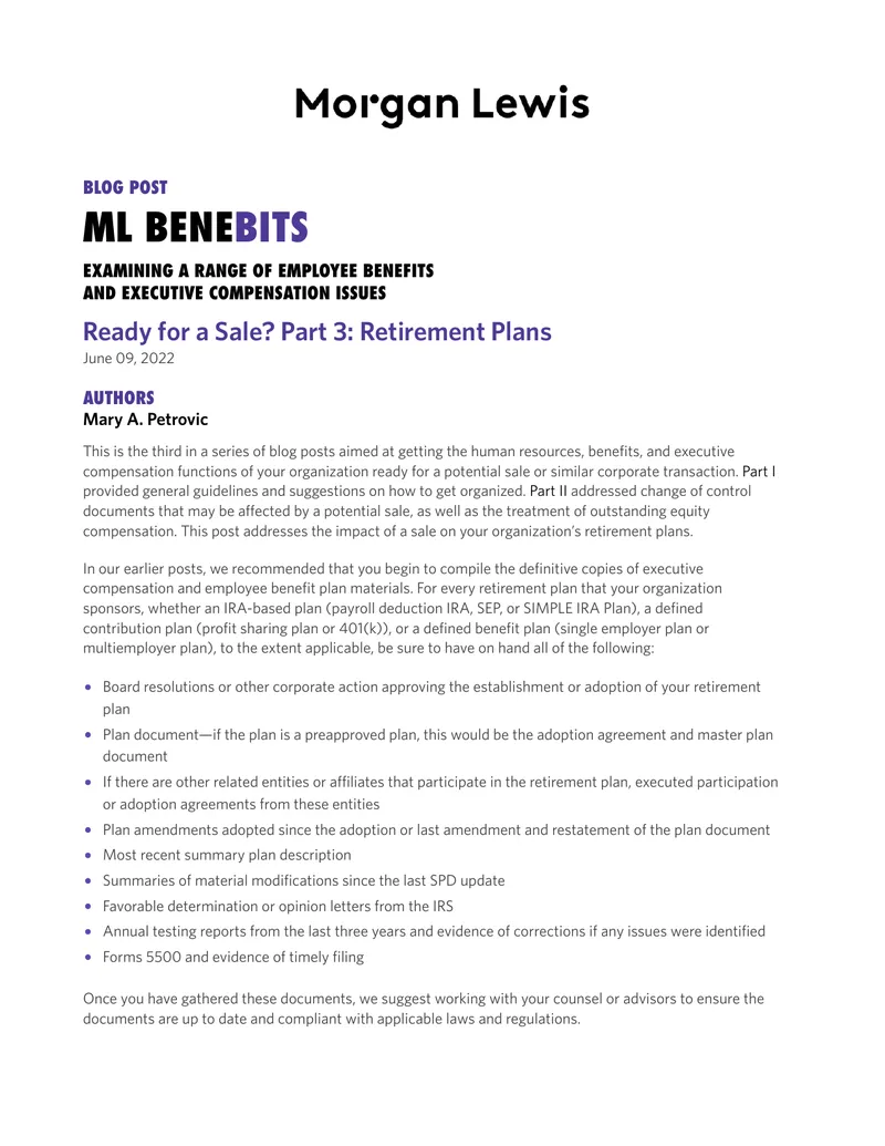 Impact of Corporate Transactions on Retirement Plans