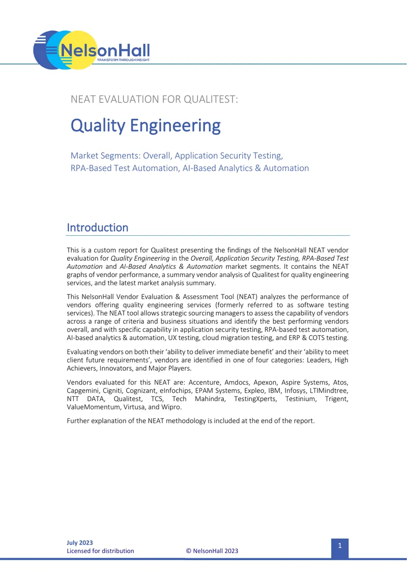 NEAT Evaluation for Qualitest in Quality Engineering