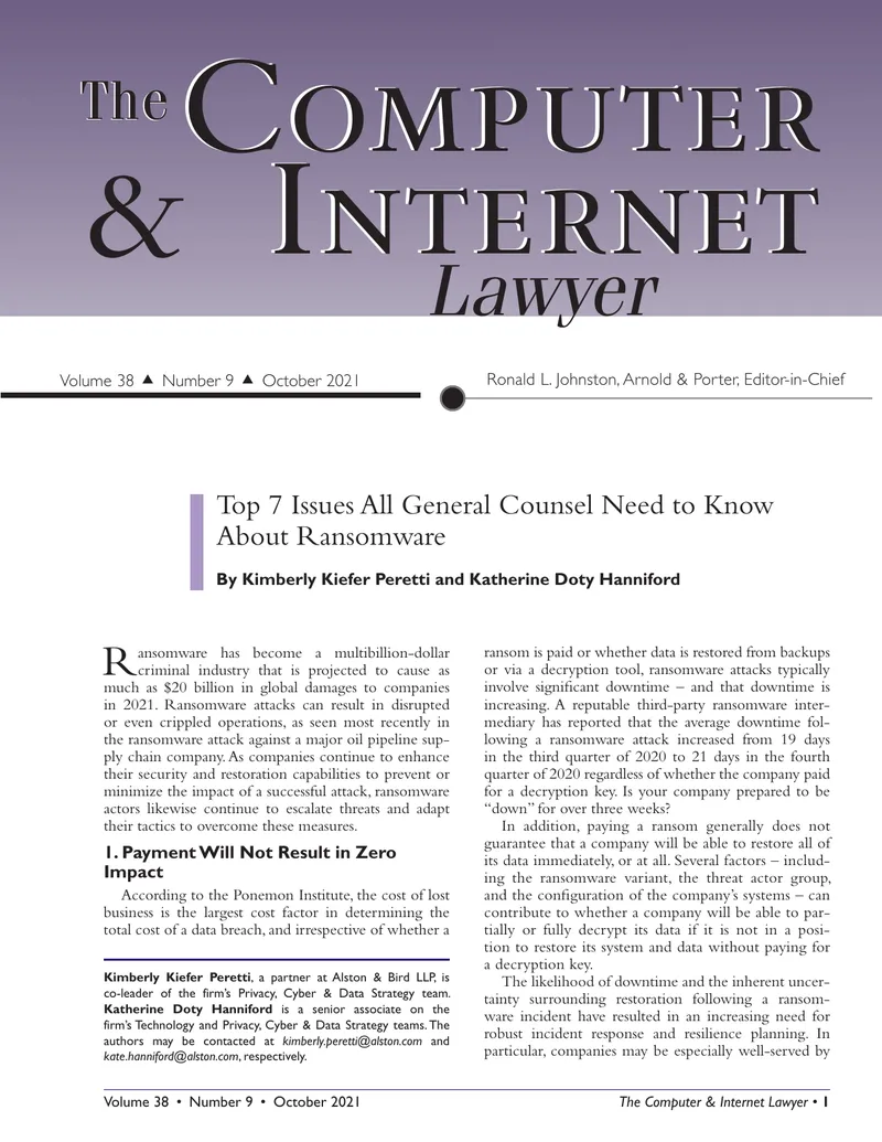 Top Issues for General Counsel Regarding Ransomware