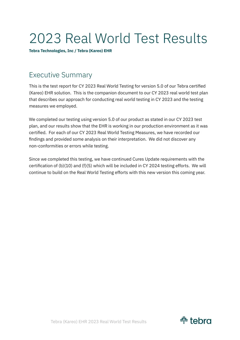 Tebra (Kareo) EHR 2023 Real World Testing Report