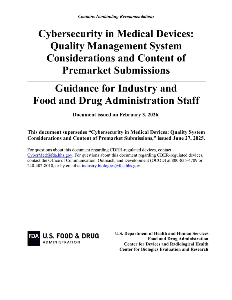 Cybersecurity in Medical Devices Quality Management Guidance