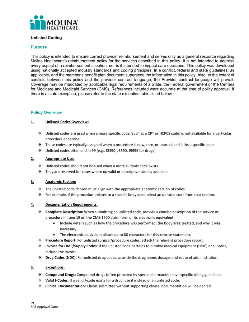 Unlisted Coding Reimbursement Policy Overview