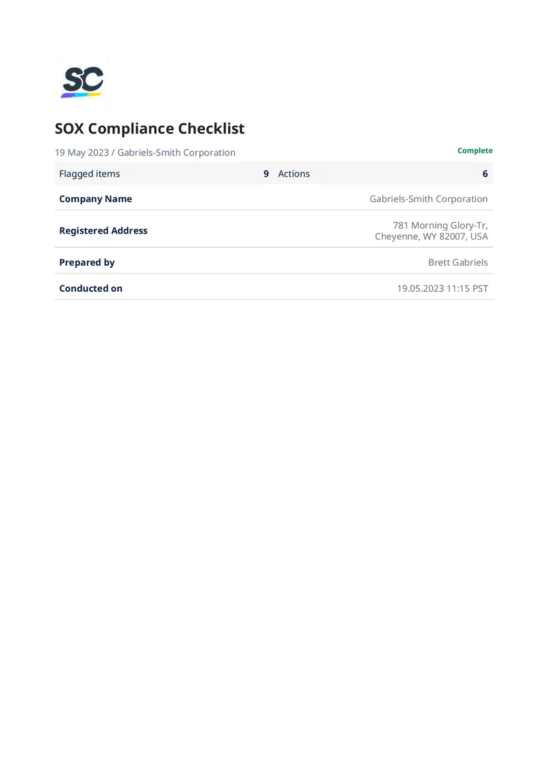 SOX Compliance Checklist for Gabriels-Smith Corporation