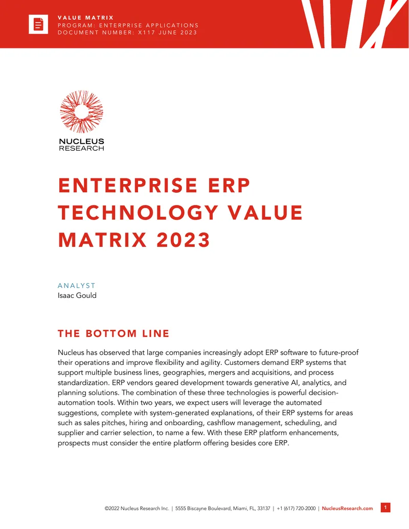 Enterprise ERP Technology Value Matrix 2023