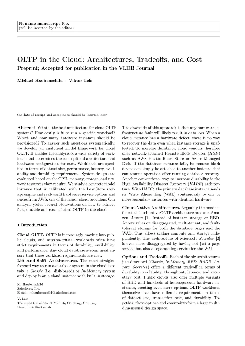 Cloud OLTP Architectures and Cost Optimization Framework