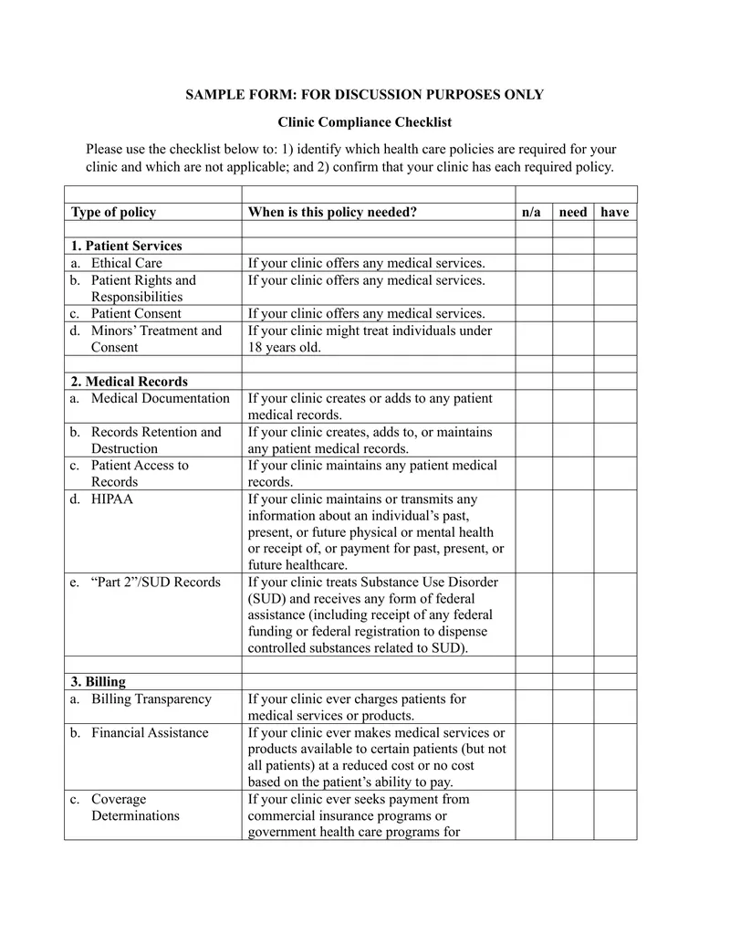 Clinic Compliance Checklist for Health Care Policies