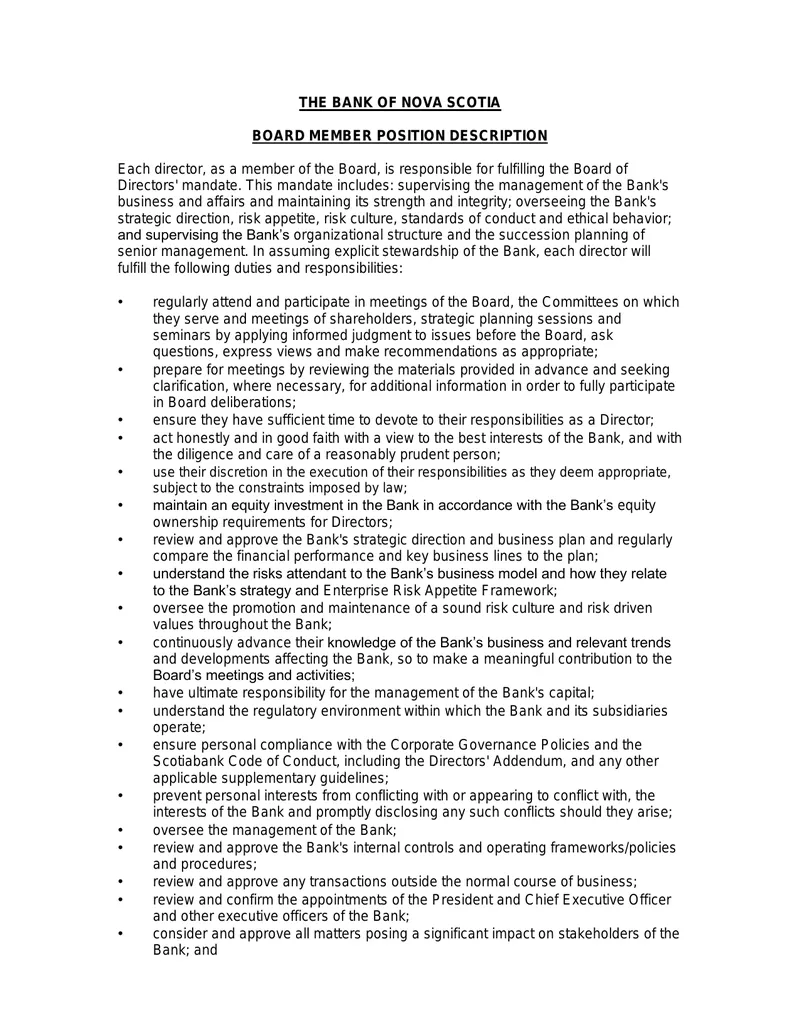 Bank of Nova Scotia Board Member Position Description