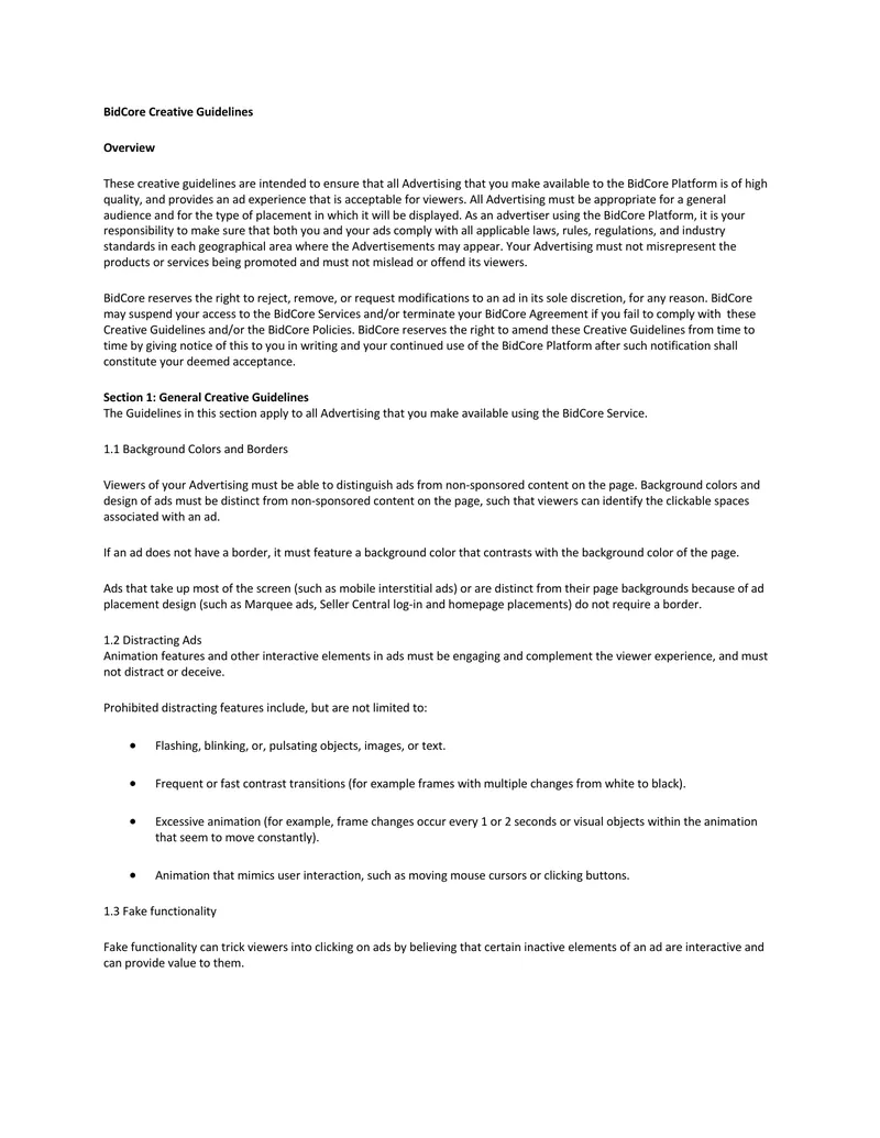 BidCore Creative Advertising Guidelines