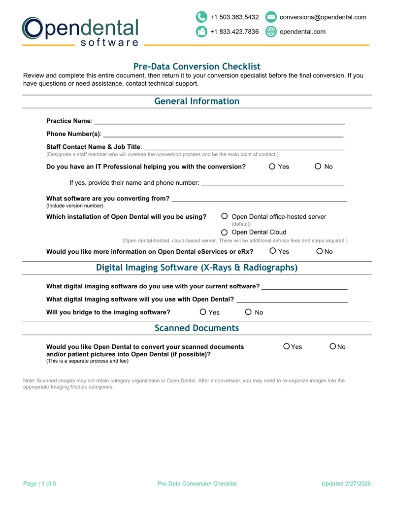 Pre-Data Conversion Checklist for Open Dental