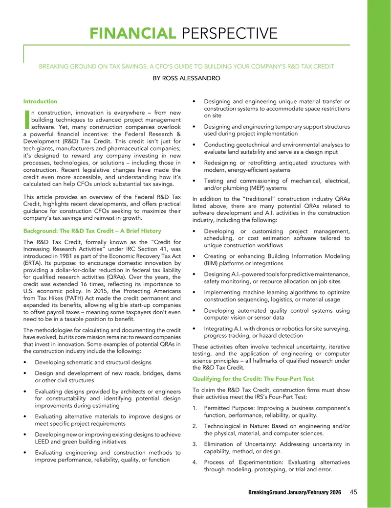 Federal R&D Tax Credit Guidance for Construction CFOs