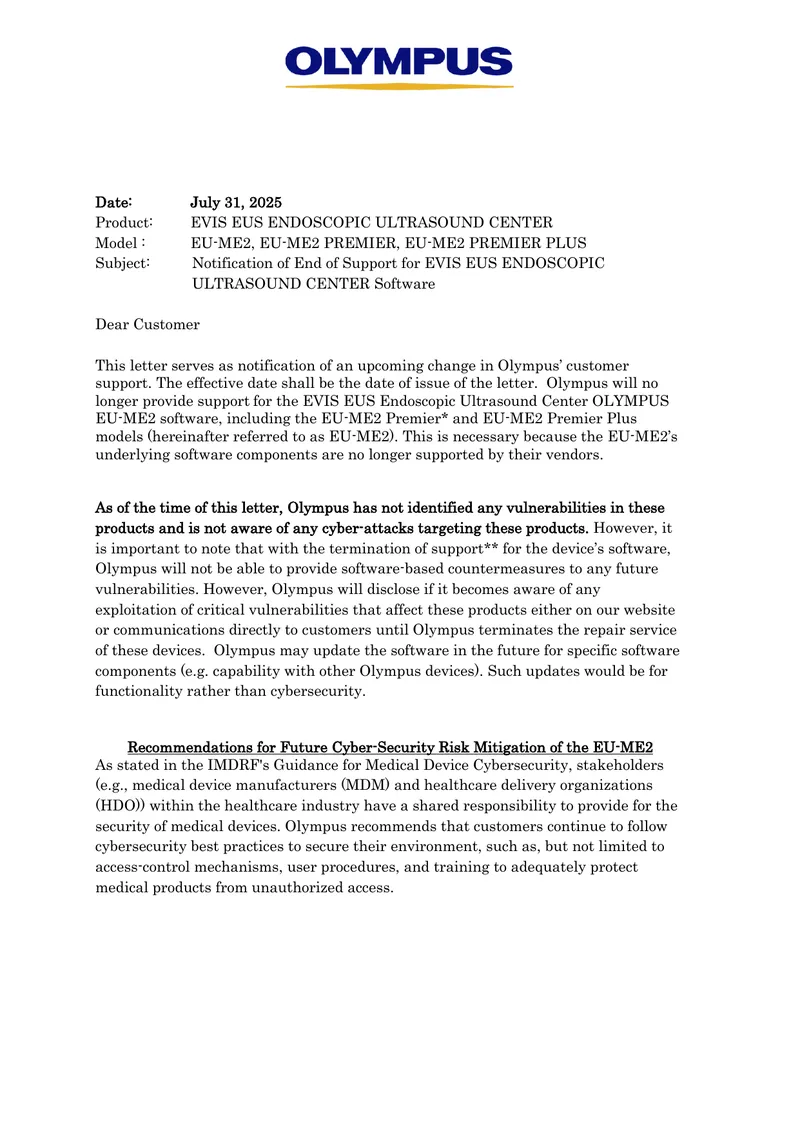 End of Support Notification for EVIS EUS Ultrasound Software
