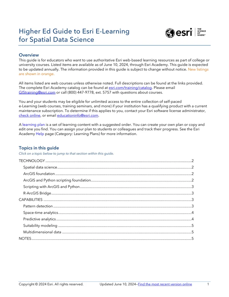 Higher Education Guide to Esri E-Learning for Spatial Data Science