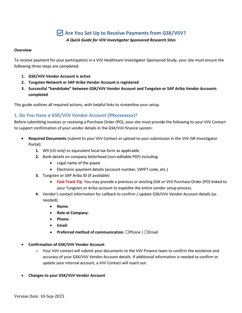 Payment Setup Guide for ViiV Investigator Sponsored Research Sites