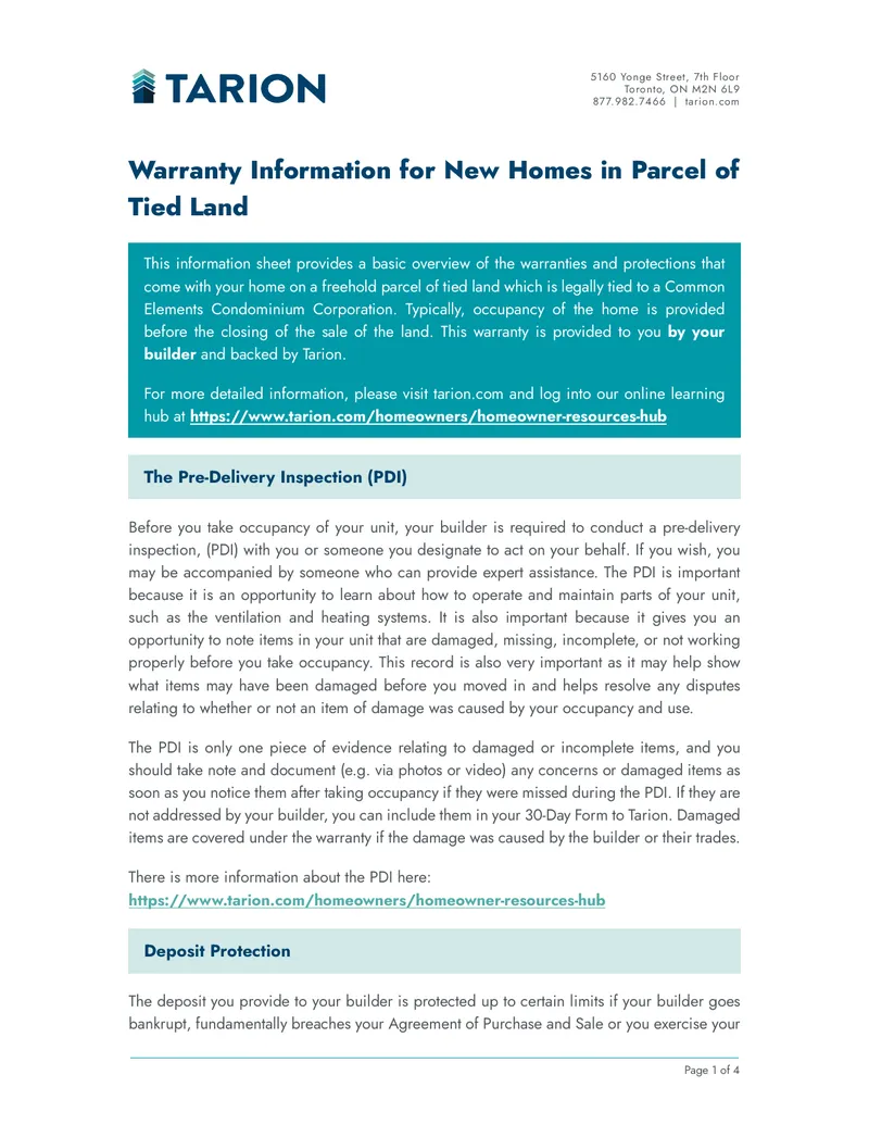 Warranty Information for New Homes on Tied Land