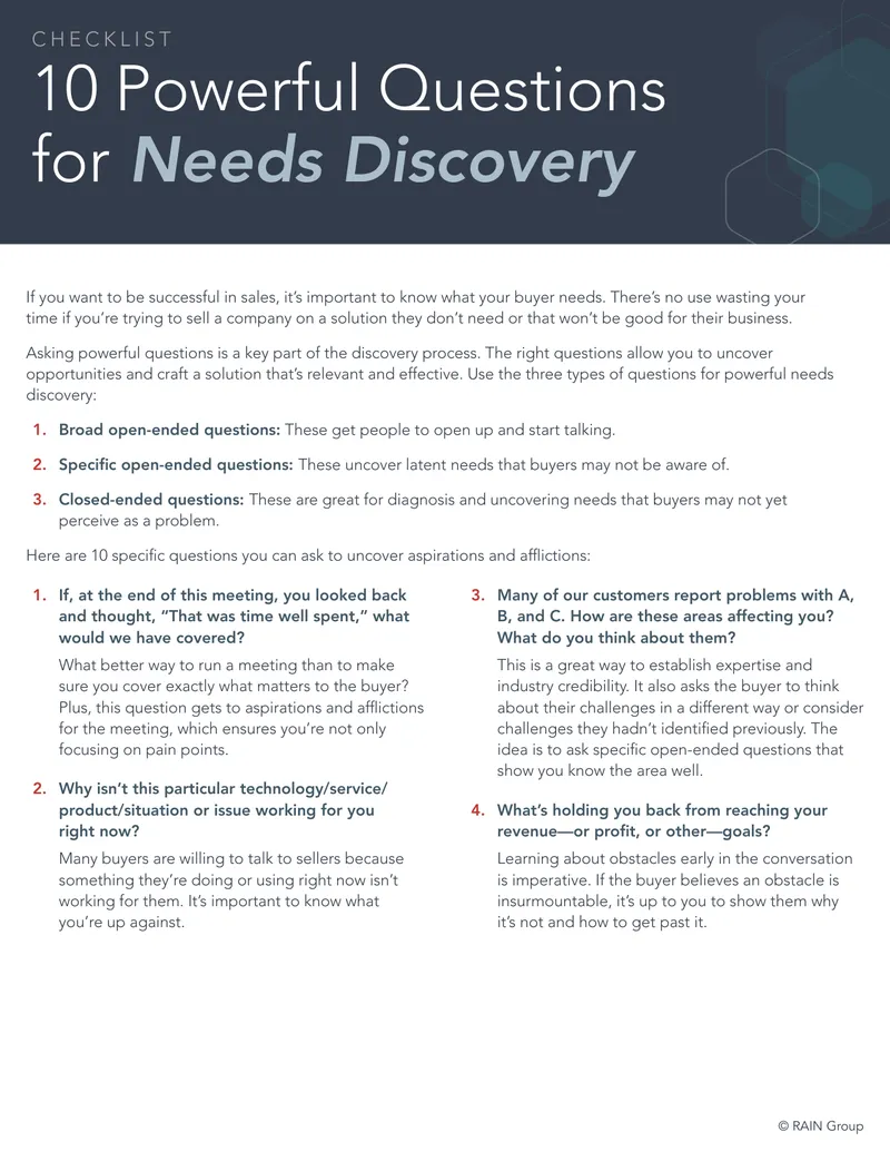 Powerful Questions for Needs Discovery Checklist