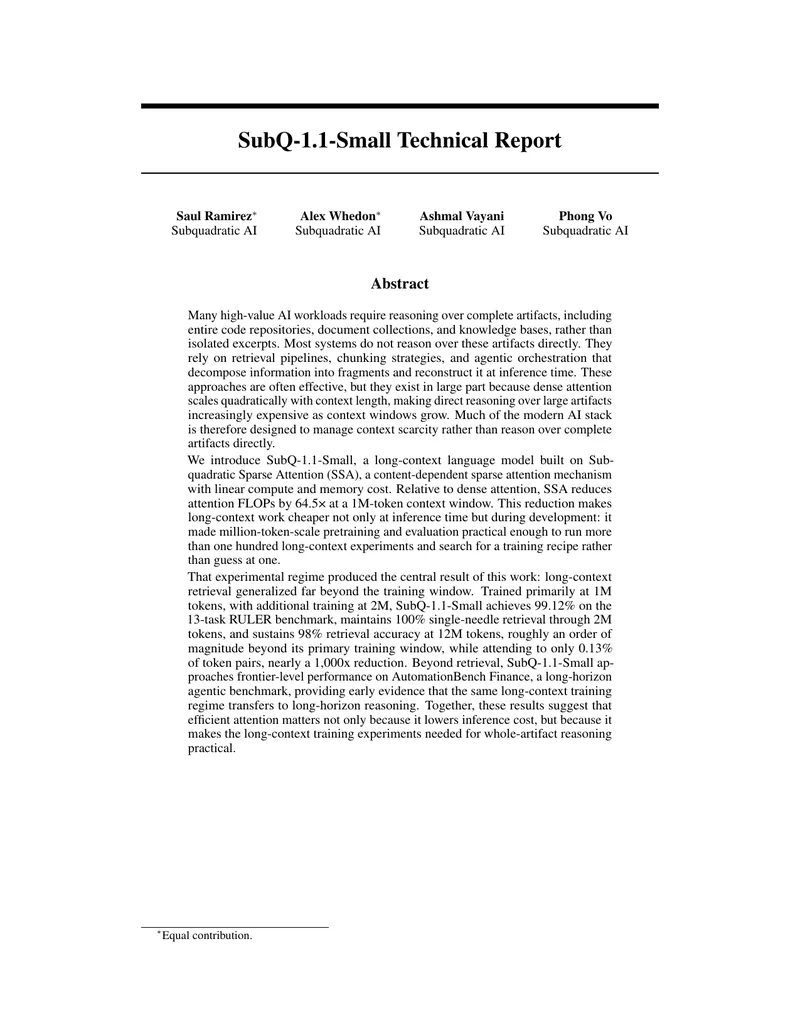 SubQ-1.1-Small Technical Report on Sparse Attention