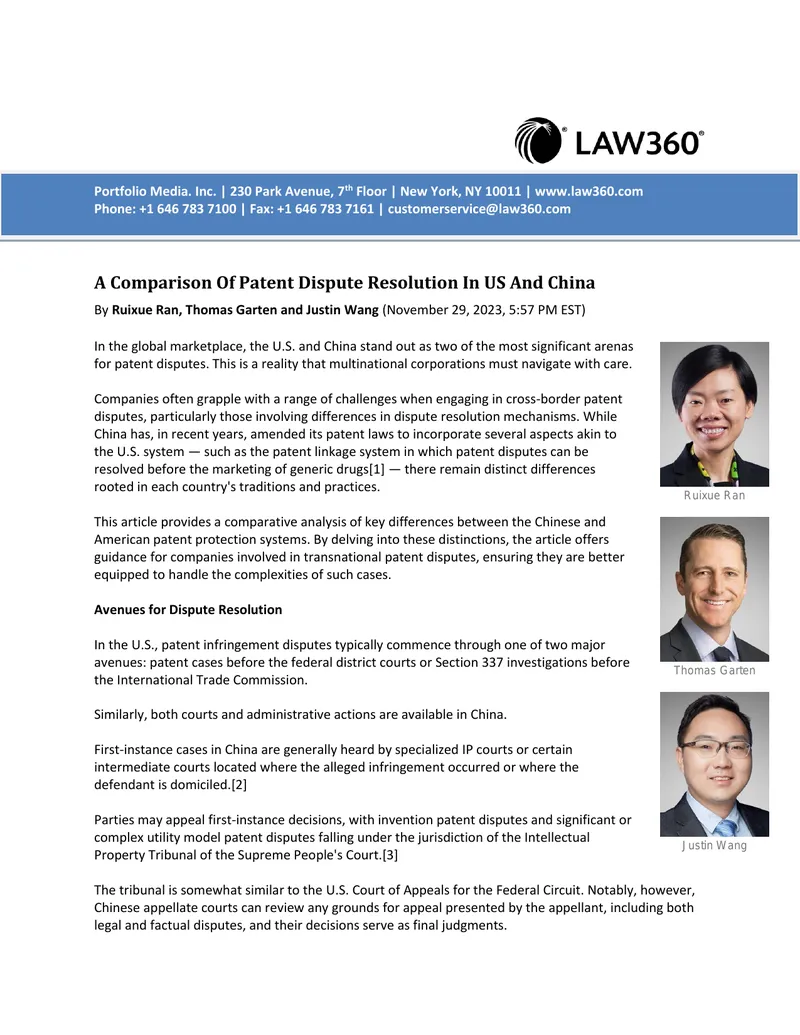 Comparison of Patent Dispute Resolution in US and China