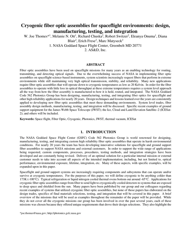 Cryogenic Fiber Optic Assemblies for Spaceflight Environments