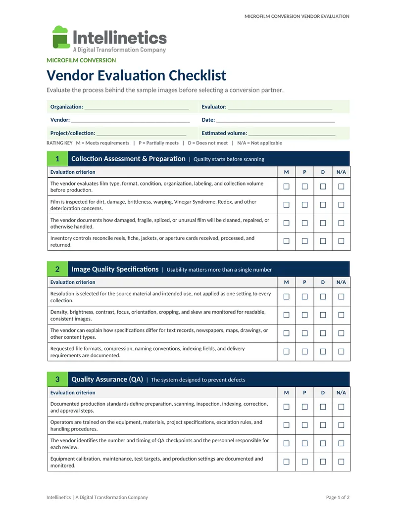 Microfilm Conversion Vendor Evaluation Checklist